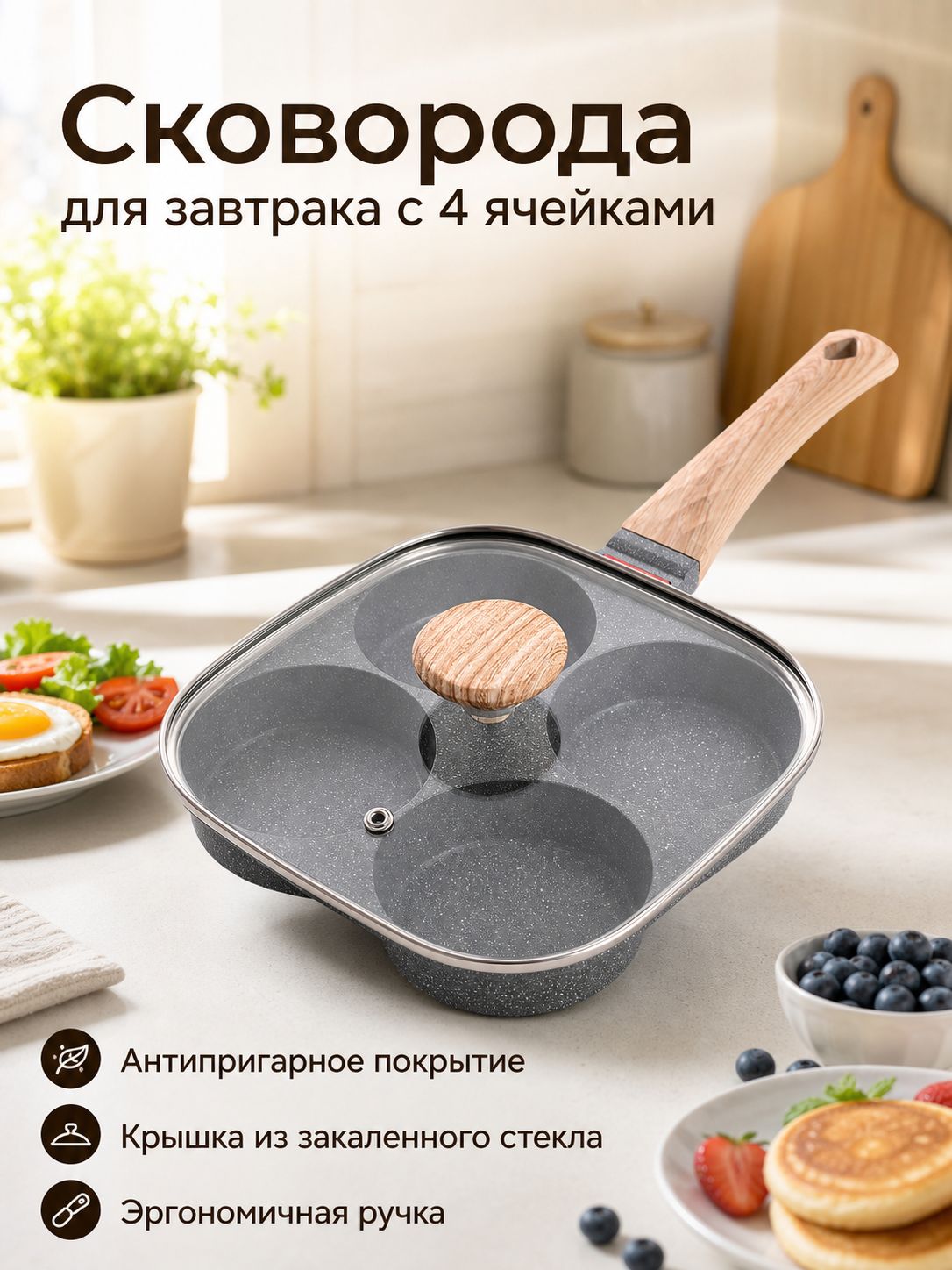 Сковорода квадратная для яиц 19x19 см, 4 ячейки, с крышкой, мраморное антипригарное покрытие, серая