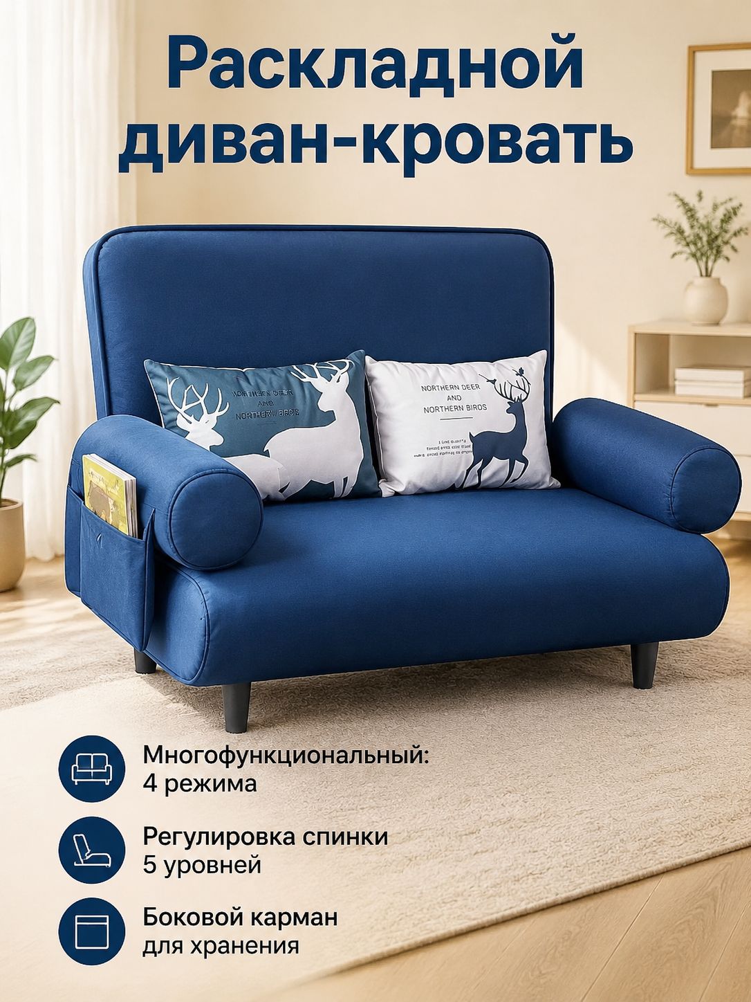 Складной диван-кровать из ткани, 72 см с подлокотниками, темно-синий, 5 положений спинки, для гостиной и спальни