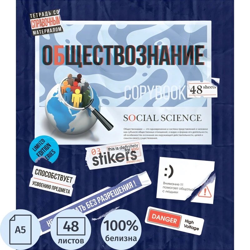 Тетрадь предметная №1 School Стикеры 48л А5, клетка обществознание, 73393