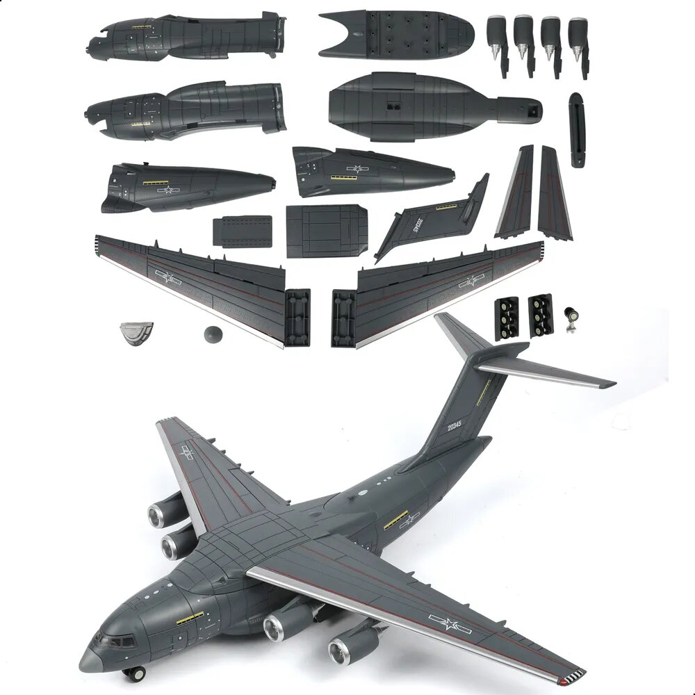 Игрушка модель самолета Y-20 Kunpeng 1:100 с подставкой, серый цвет, 2 шт.