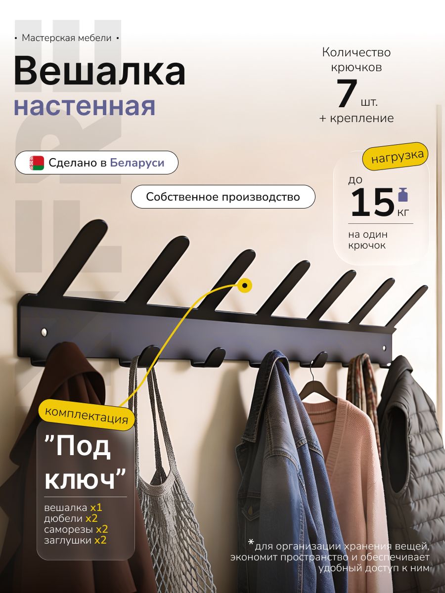 Металлическая вешалка настенная для одежды и сумок в прихожую, корридор