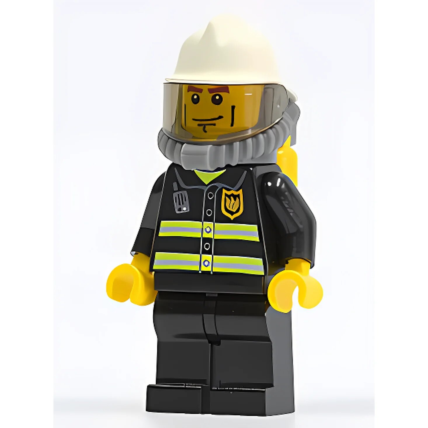 Минифигурка Lego City Fire - Reflective Stripes, Black Legs, White Fire Helmet, Breathing Neck Gear with Air Tanks, Yellow Hands cty0030 U