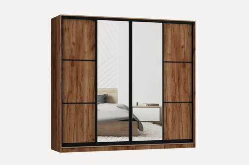 Изображение товара Шкаф купе для одежды Ронни 4, МФ-Купе, с зеркалом, 200х60х220, белье/платье/белье, дуб табачный, профиль черный