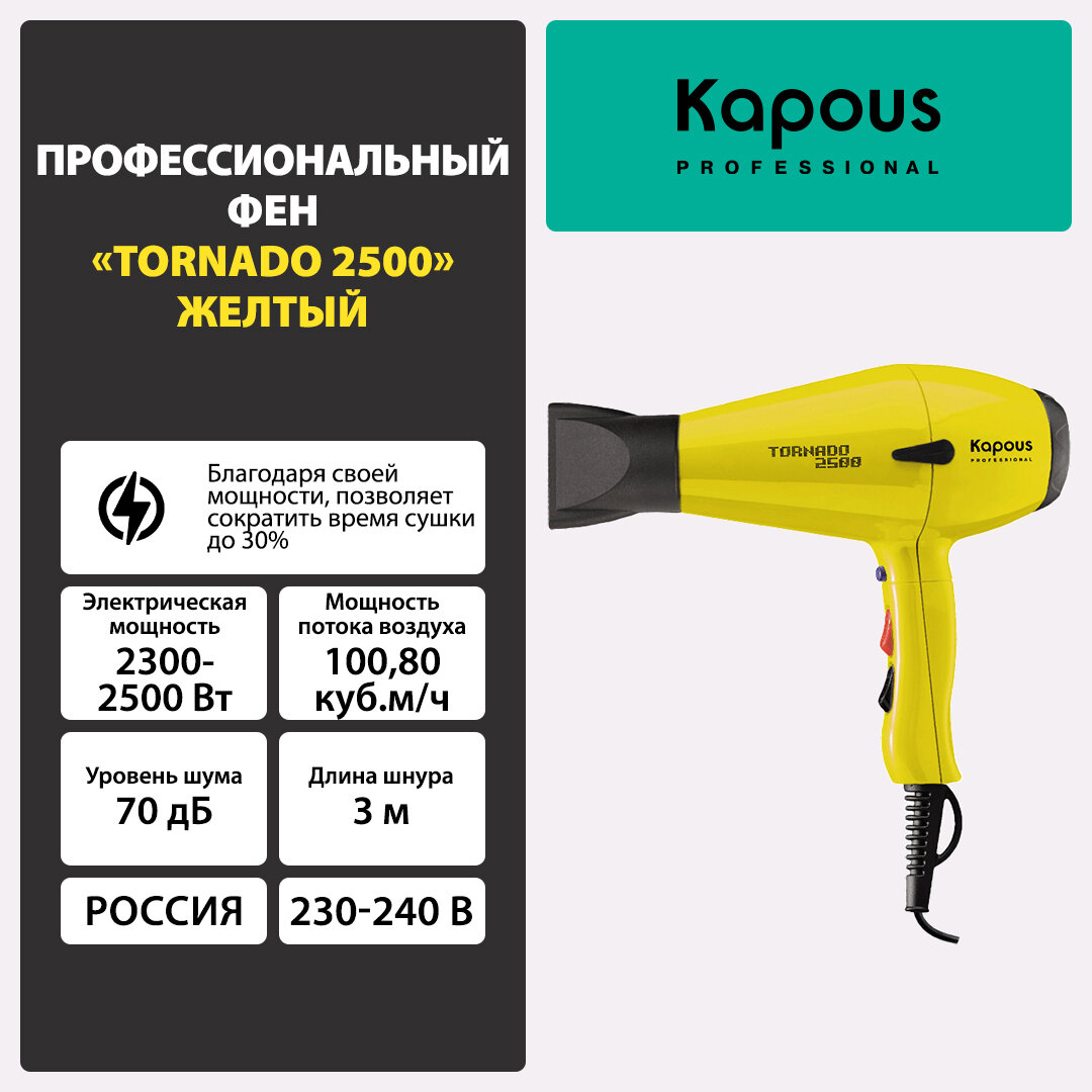 KAPOUS Фен профессиональный Kapous Tornado 2500, желтый
