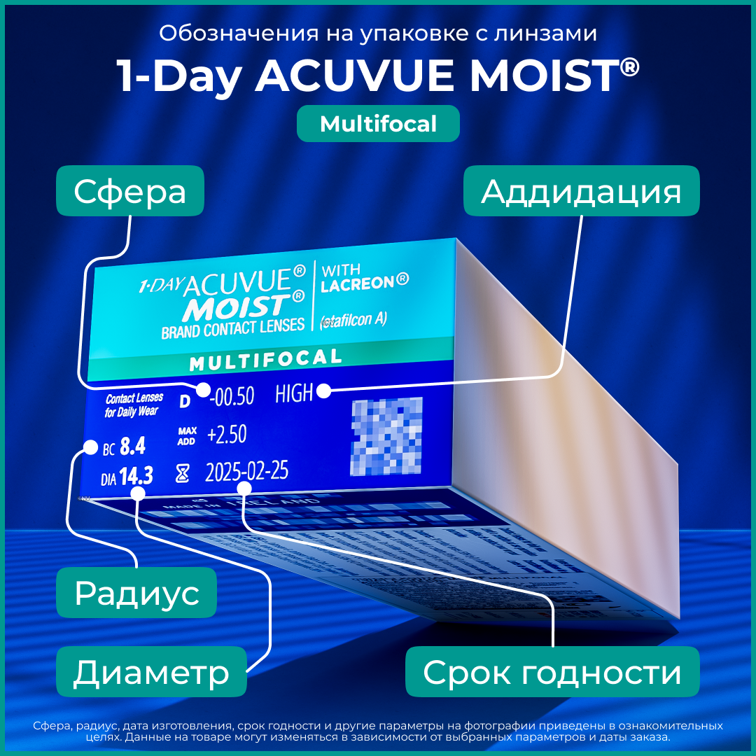 Мультифокальные линзы 1-Day Acuvue Moist Multifocal, 30 шт, -8.25, Аддидация: высокая, R:8,4, режим ношения: дневной — фото 1