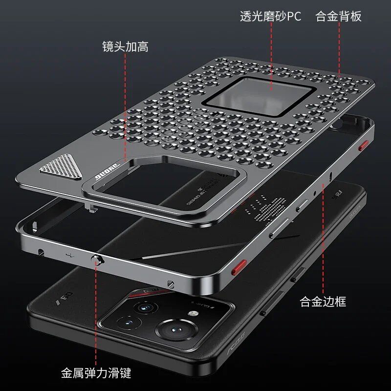 Чехол для ASUS ROG Phone 9 8 Pro, алюминиевый металлический медный чехол с пряжкой, чехлы для рассеивания тепла для Rog Phone 9 Rog9 Rog8, бампер Funda, Black, For ROG Phone 8 — фото 1