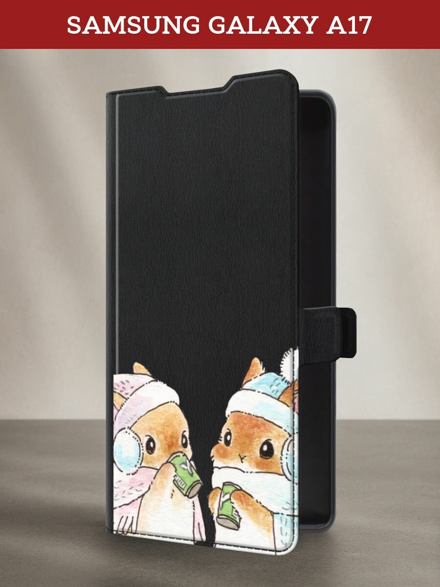 Чехол-книжка на Samsung Galaxy A17 / Самсунг А17 с рисунком Зимние кролики, черный
