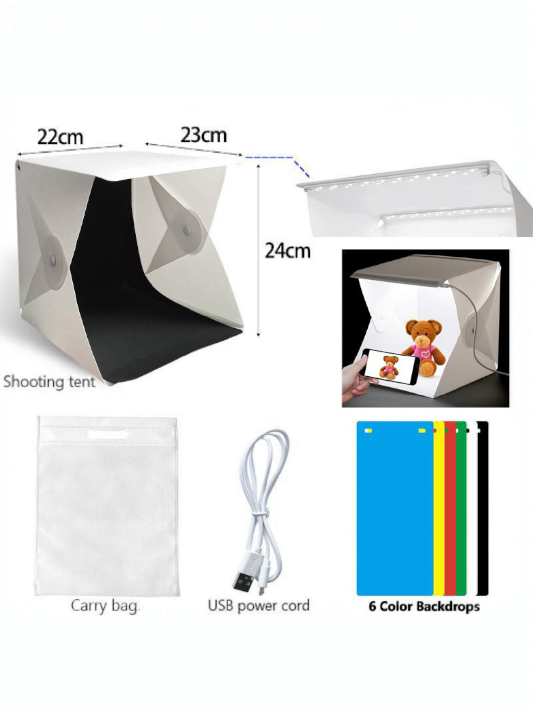 Фотобокс для предметный с led подсветкой 24*22 *24см , для фотографирования продукта + 6 цвет фона