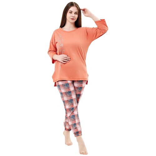Женский домашний костюм / пижама ( кофта+ брюки) в цвете персик, размер 48