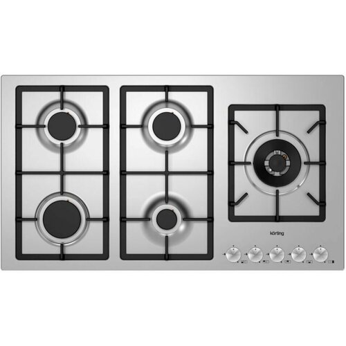 Варочная панель Korting HG 997 CTX нержавеющая сталь 90 см 5 конфорок регулировка пламени газ-контроль электроподжиг чугунные держатели для посуды экспресс-конфорка безопасное управление подставка WOKадаптер для кофейника 49990₽