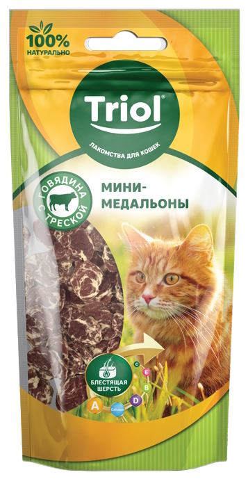 Лакомство для кошек Triol Мини-медальоны из говядины с треской, 40г, 1шт