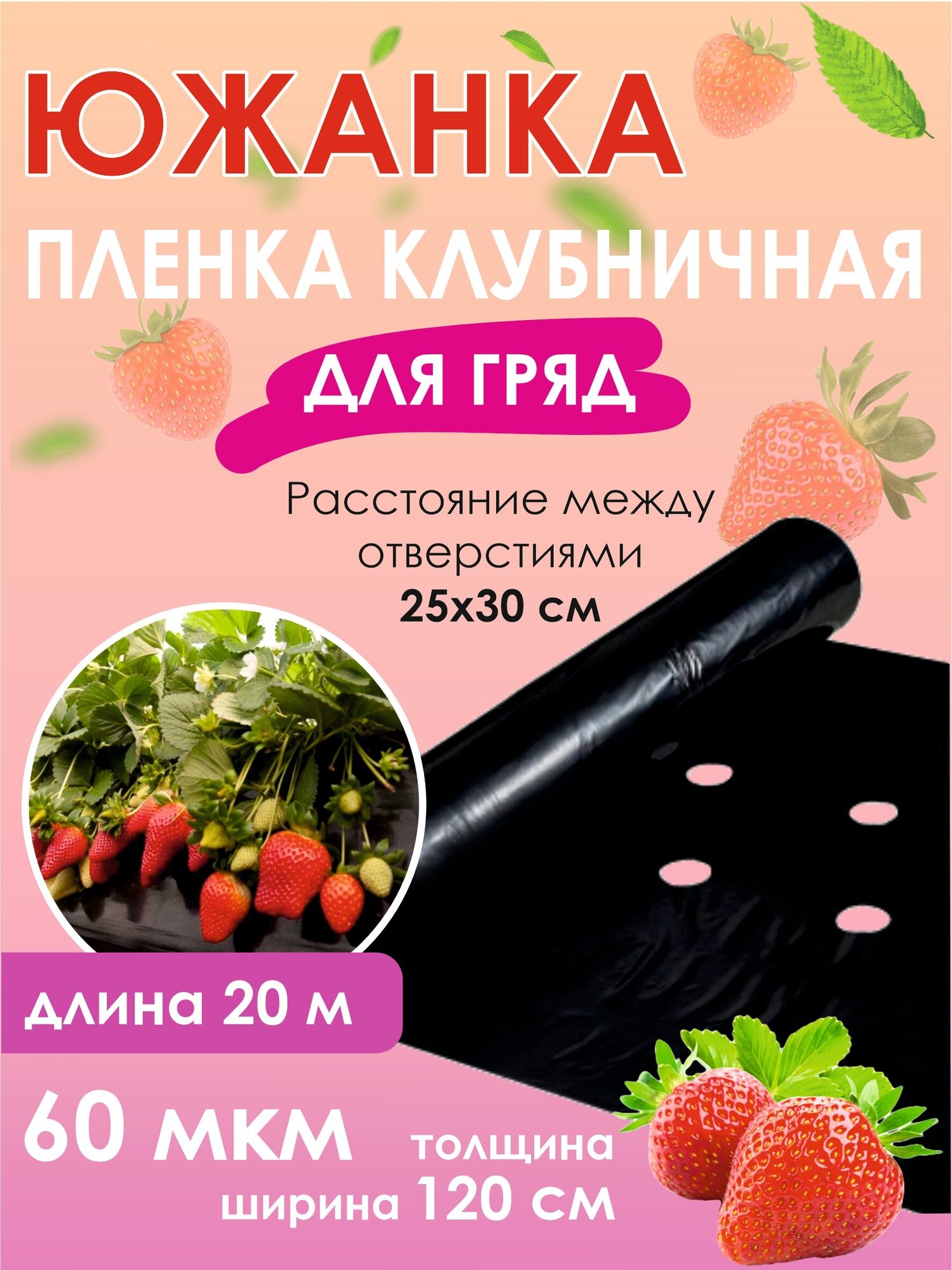 Пленка мульчирующая перфорированная для клубники, 1,2м х20 м, 60 мкм, черная 25х30 см