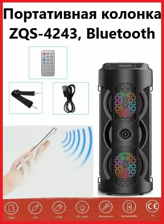 Портативная колонка (ZQS-4243) Bluetooth/USB/MicroSD/FM/дисплей/подсветка (черная)