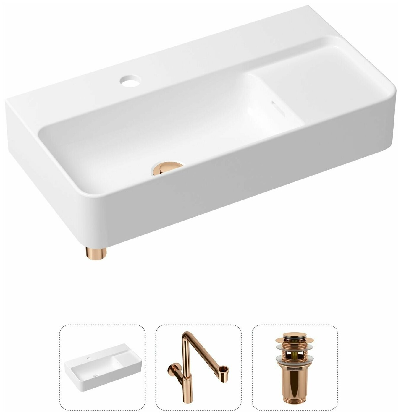 Накладная раковина в ванную Lavinia Boho Bathroom Sink Slim 21520538 в комплекте 3 в 1: умывальник белый, донный клапан и сифон в цвете розовое золото