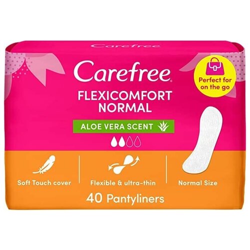 Ежедневные супертонкие прокладки Carefree FLEXICOMFORT NORMAL ALOE VERA SCENT, 100% дышащие, с легким ароматом свежести, алоэ, 40 шт, 1 упак