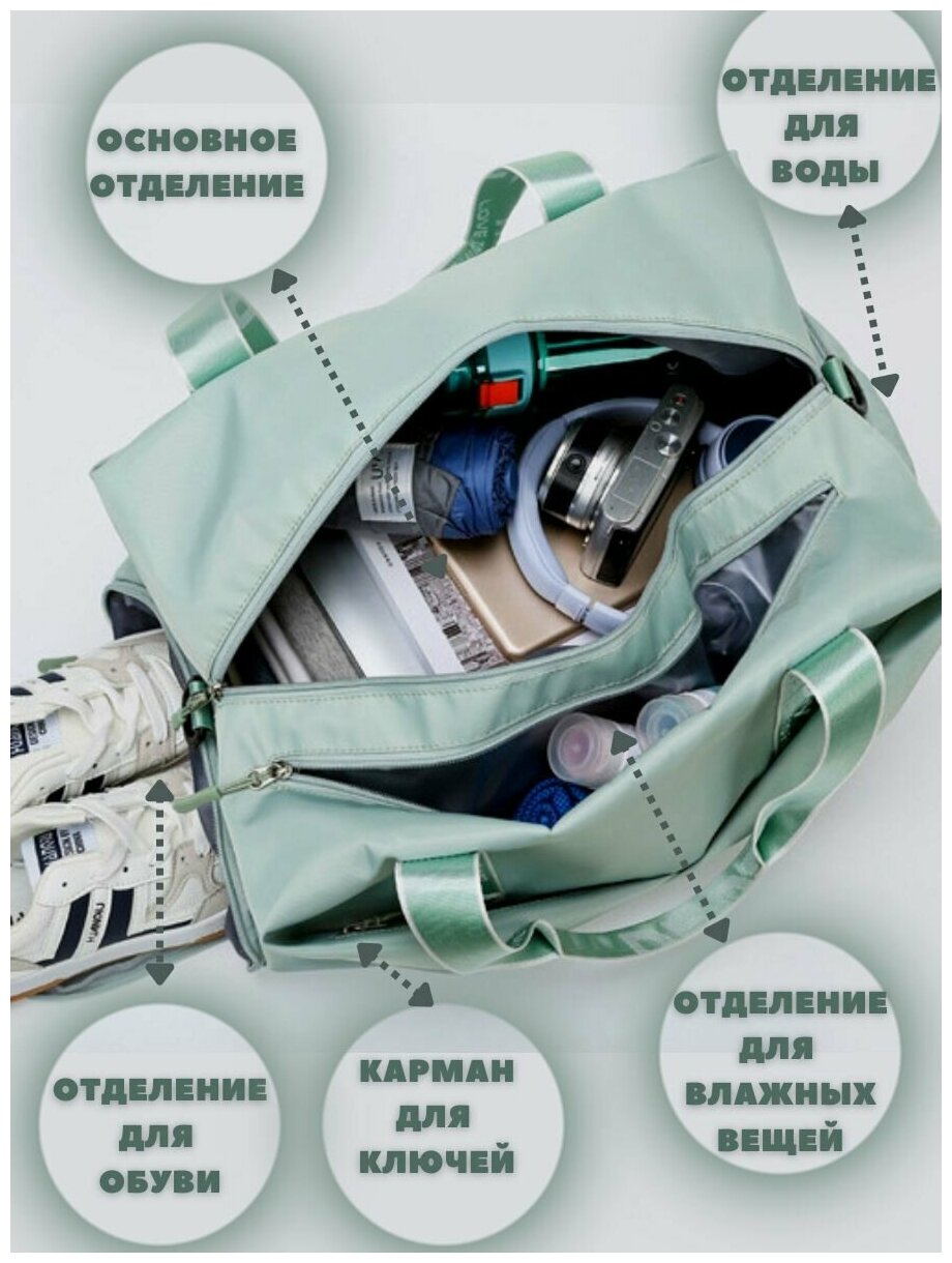 Спортивная сумка женская для фитнеса фисташковый зеленый цвет, тренировок и в бассейн вместительная - фотография № 9