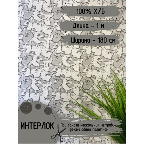 Ткань для шитья детский трикотаж интерлок Пенье Корги 100% х/б (175 гр) Длина - 1 метр, Ширина - 180 см