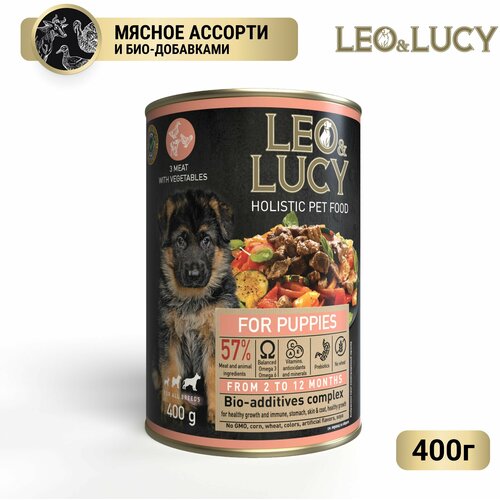 LEO&LUCY влажный холистик корм консервированный полнорационный - паштет для щенков мясное ассорти с овощами и биодобавками, 400 г