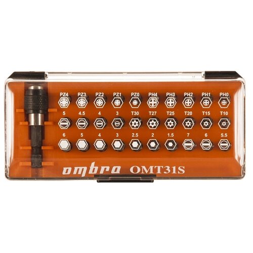 фото Набор бит 31 пр. ombra torx, hex, philips, pozidriv, slotted + адаптер пласт. коробка