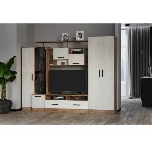 Гостиная Оскар 5 Дуб Крафт ТабачныйДуб Крафт Белый ЛДСП со штангой ящиками открытыми и закрытыми полками нишей под ТВ 1920х2500х450 тэкс 23570₽