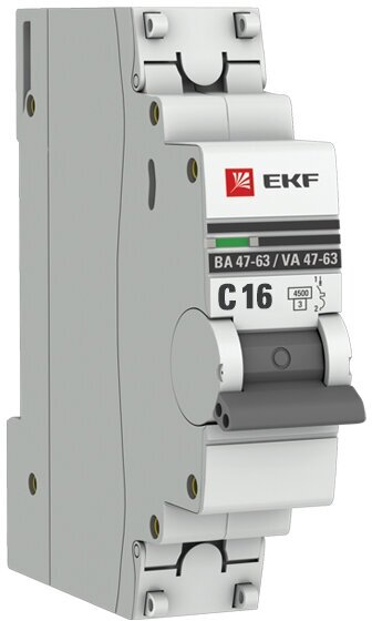 Автоматический выключатель EKF ВА 47-63 PROxima 1P 16А характеристика C