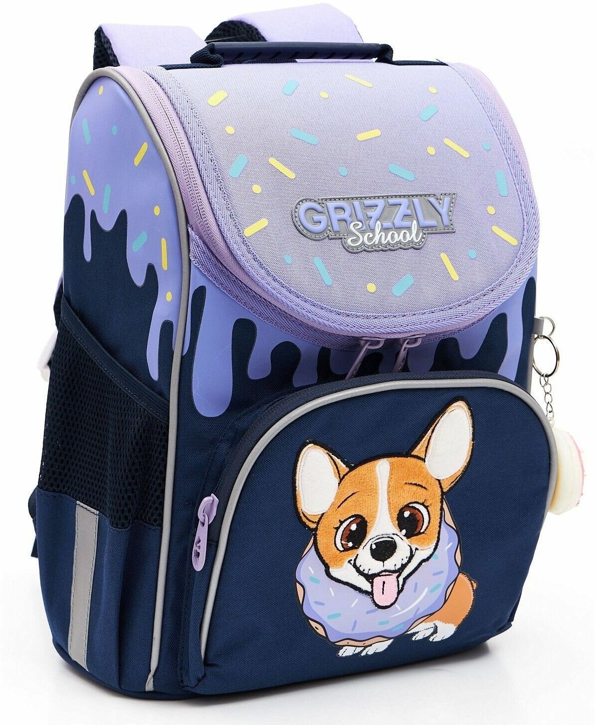 Ранец GRIZZLY анатомическая спинка, с мешком для обуви, для девочек, "CORGI", 33х25х13 см, RAm-384-3/3