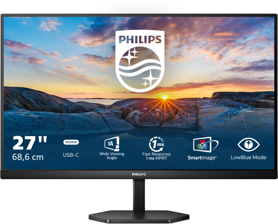 Монитор LCD 27'' 16:9 1920х1080(FHD) IPS, W-LED, nonGLARE, H178°/V178°, 81,59 PPI, 300 cd/m2, 1000:1, 0,3114 x 0,3114 мм, HDMI 1.4 — 1 шт., USB-C 3.2 (2-го поколения), Черный Philips - фото №2