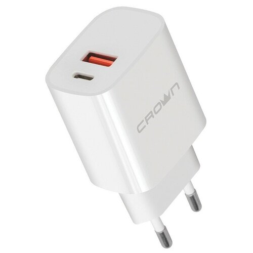 Сетевое зарядное устройство Crown CMWC-3032F, USB, USB-C, 2.4 А, быстрая зарядка, белое