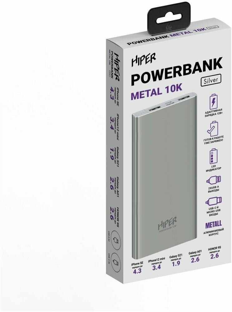 Внешний аккумулятор Hiper Metal 10K 10000mAh 2.4A 2xUSB серебристый (METAL 10K SILVER) - фото №4