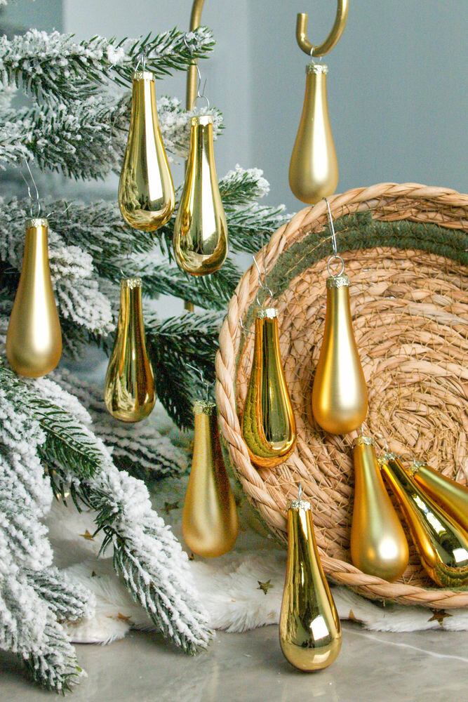 Набор ёлочных украшений элегантные капли, стекло, золотые, матовые и глянцевые, 7.5 см, 12 шт, Kaemingk 011036/1001399