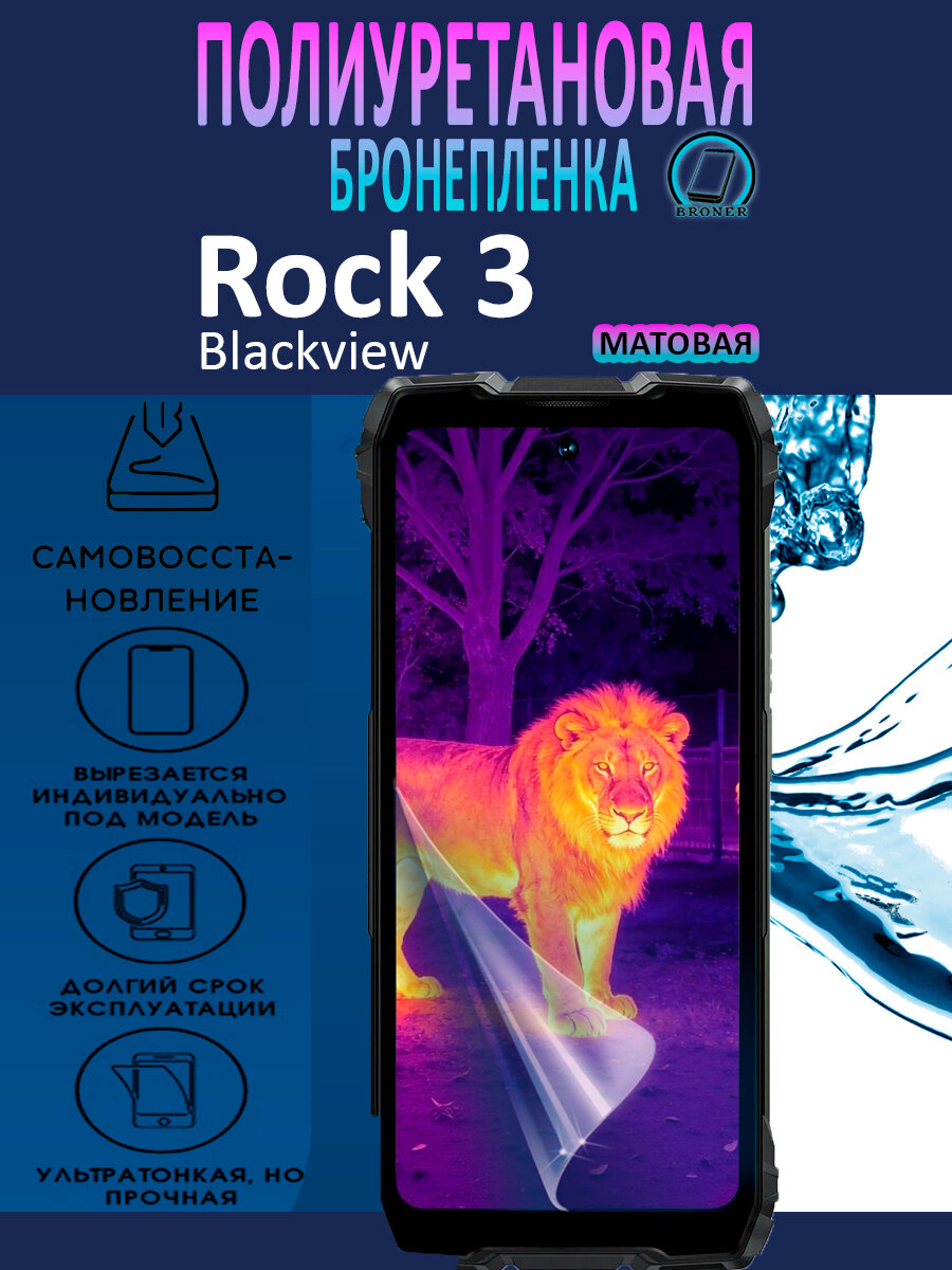 Полиуретановая бронепленка для Blackview Rock 3 / Защитная плёнка на экран, совместима с чехлом, с вырезом под камеру / Матовая