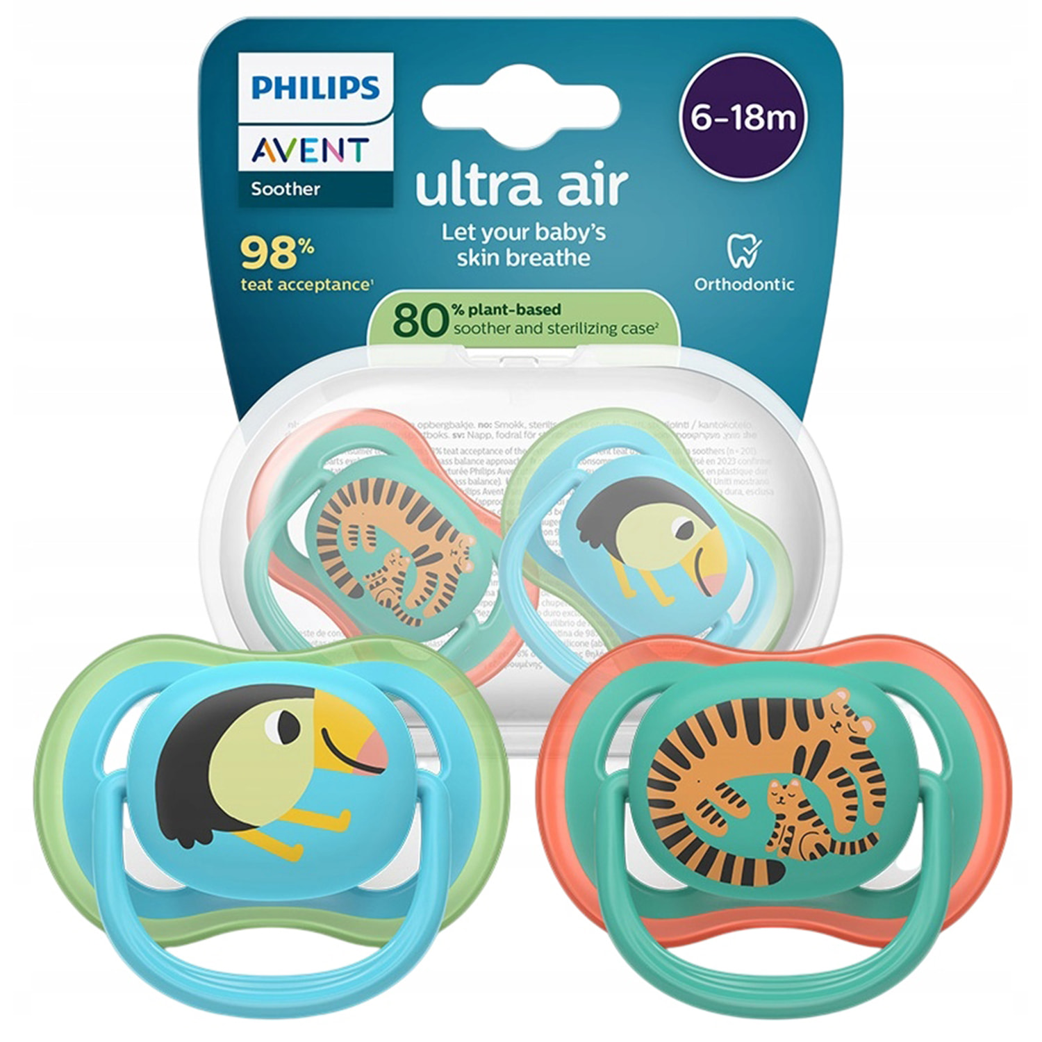 Пустышка Philips Avent Ultra Air SCF087/11 6-18 мес, зеленый/голубой, 2 шт