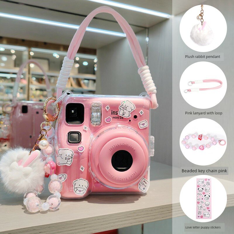 Кристально прозрачный чехол для Fujifilm Instax Mini SE с розовой акриловой бусиной, браслетом и плюшевой кроликом