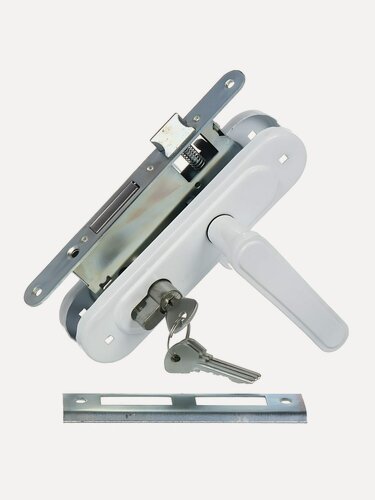 Изображение товара Замок врезной Птимаш ЗВ4-3.03 (ЗВ4) с ручкой, цилиндровый, универсальный, белый, 55 мм, 4 ключа, стальной, 12 792