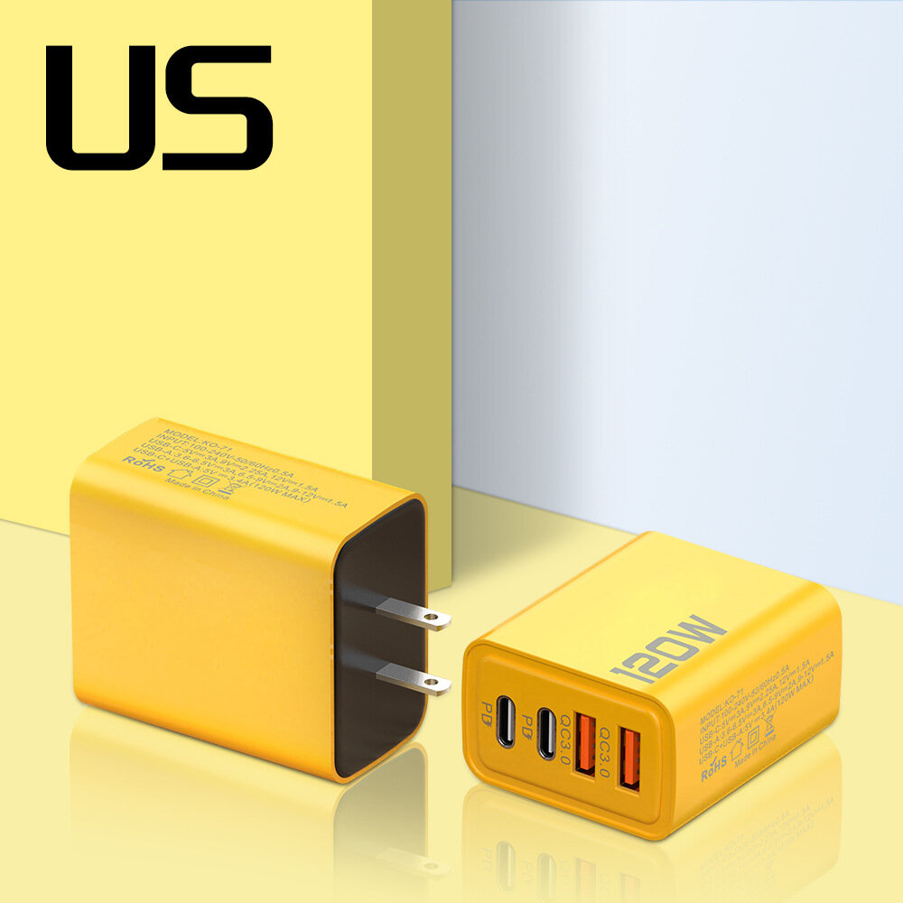 120 Вт двухпортовое зарядное устройство с PD и USB для iPhone, Huawei, Xiaomi - американский разъем, желтый, плоский
