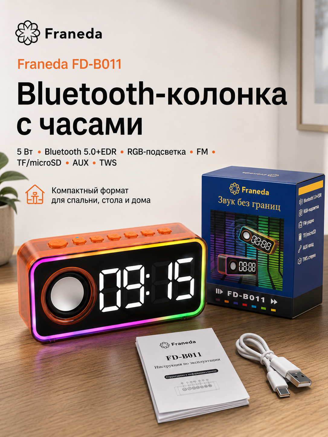 Bluetooth-колонка с часами Franeda FD-B011, 5 Вт, будильник, RGB, FM, microSD, AUX, оранжевая