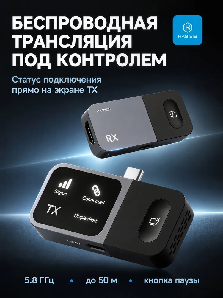 HAGIBIS Беспроводной HDMI-адаптер GA10 передатчик и приемник видео Type-C с LED-экраном 50 метров 5.8G