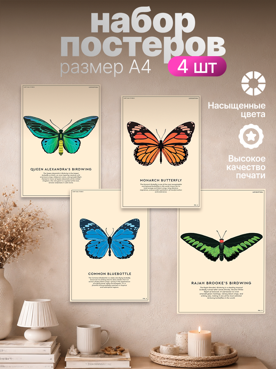 Постер ZEKEKS Бабочки, на стену, без рамы, 29x21 см, цифровая печать