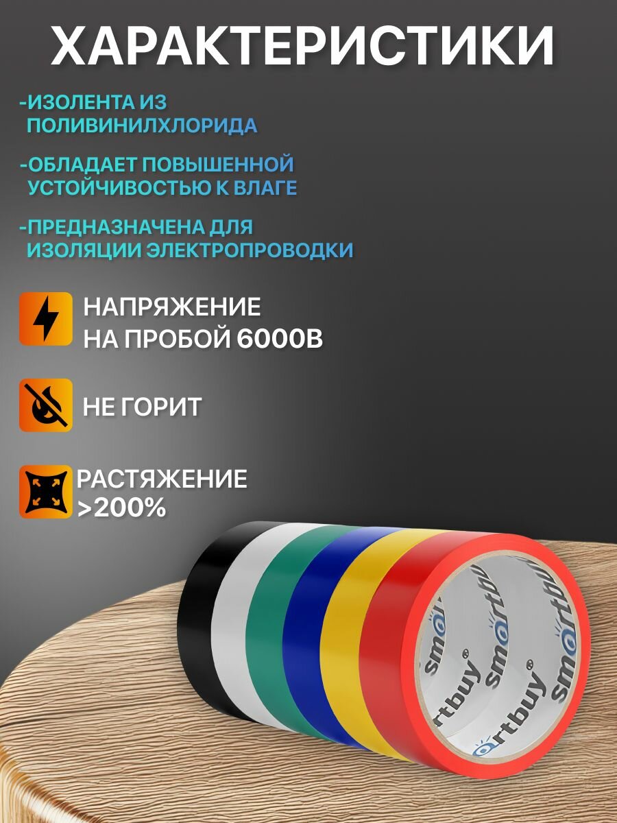 Изолента Smartbuy, набор из 6 цветов, 0.15х15мм, 10 метров