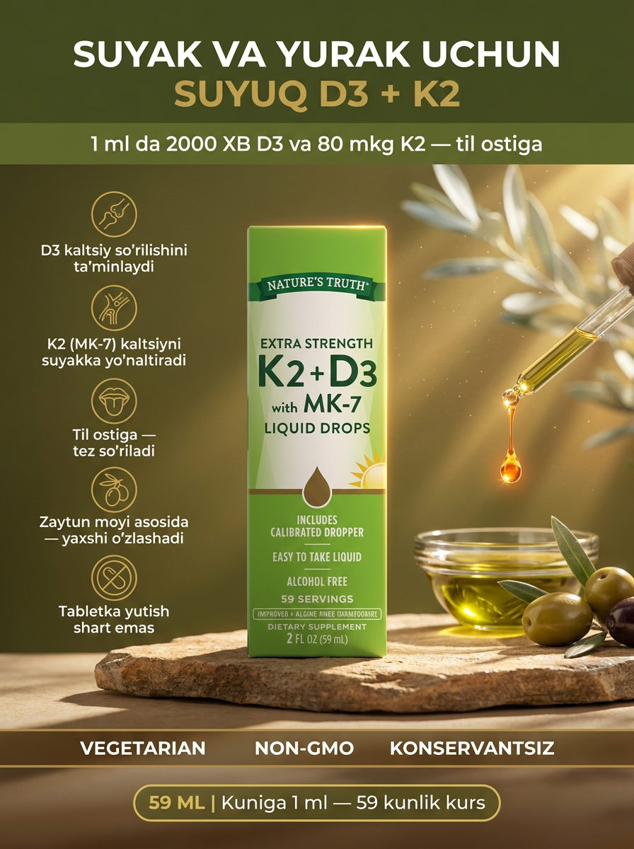 БАД D3+K2 Nature's Truth 2000ui 59mL — натуральная пищевая добавка для здоровья