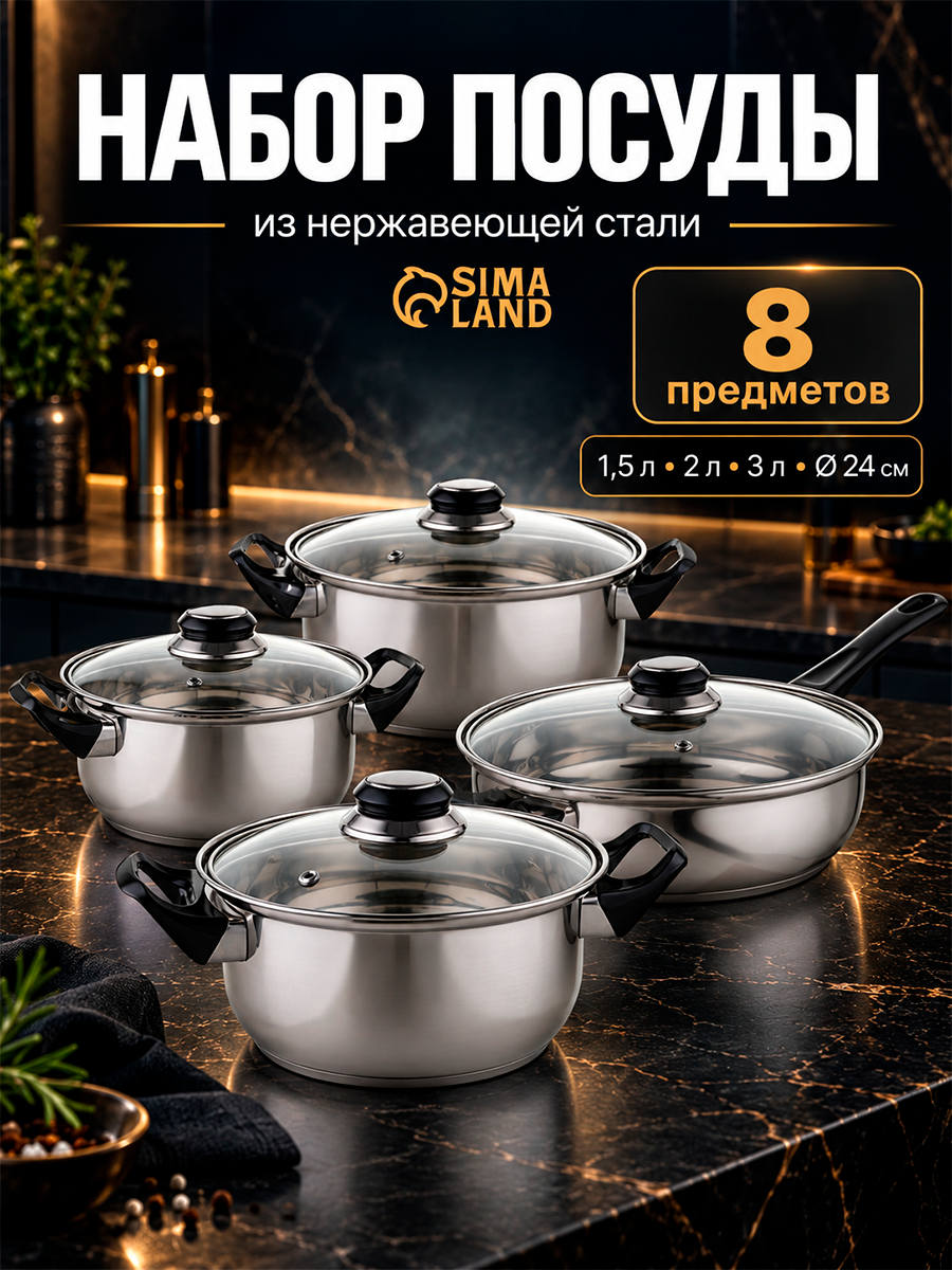 Набор посуды "Черная ночь": кастрюли 1,5л 2л/3л, сковорода 24см, 4 крышки