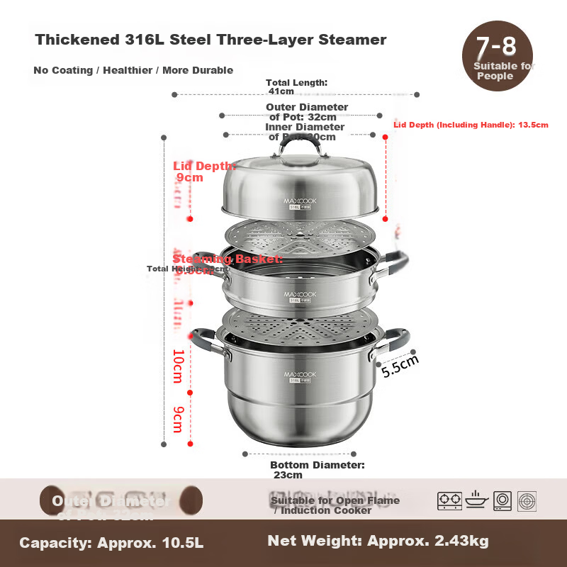 MAXCOOK 316L нержавеющая сталь 3-слойная пароварка 32 см с композитным дном для газовых и индукционных плит MCZ050