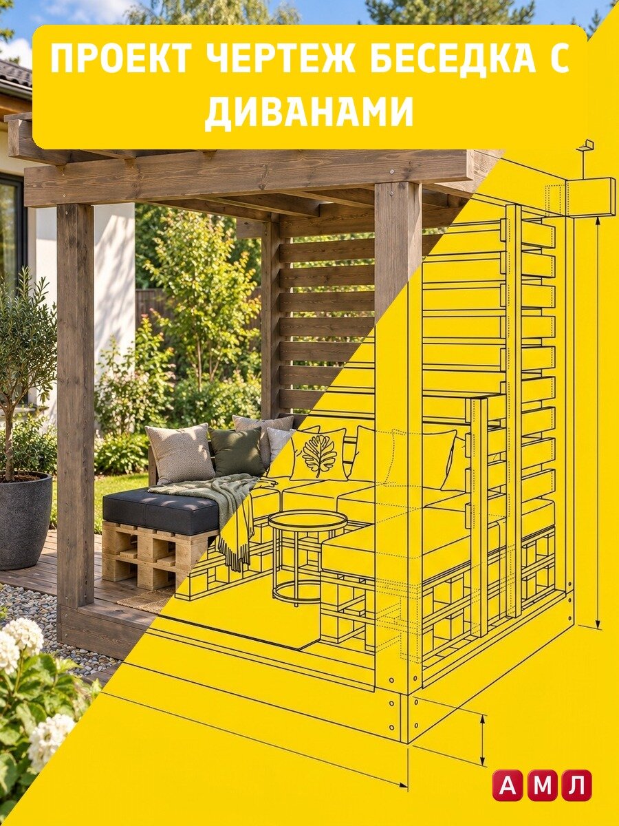 Проект чертеж беседка-пергола с диванами из паллет для дачи - скачать и распечатать чертежи, пошаговая и поэтапная схема сборки 3D