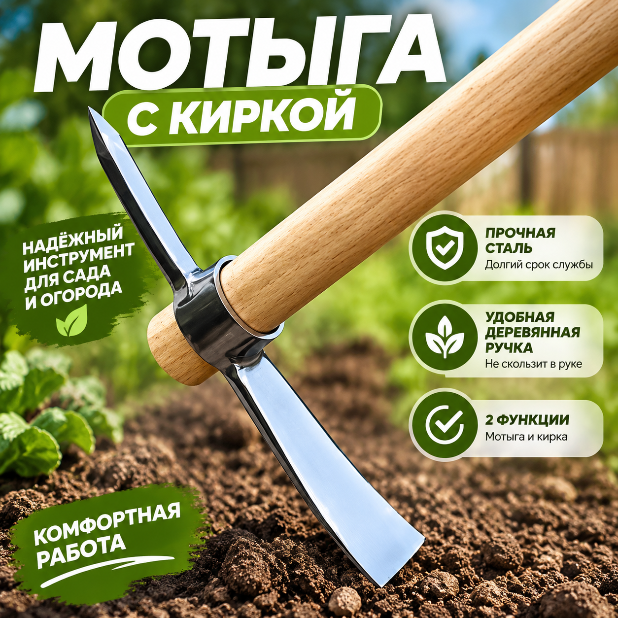 Кирка 30 см, нержавеющая сталь, рукоятка 42 см, съемная, для сада, похода, кемпинга, льда, рыбалки и туризма.