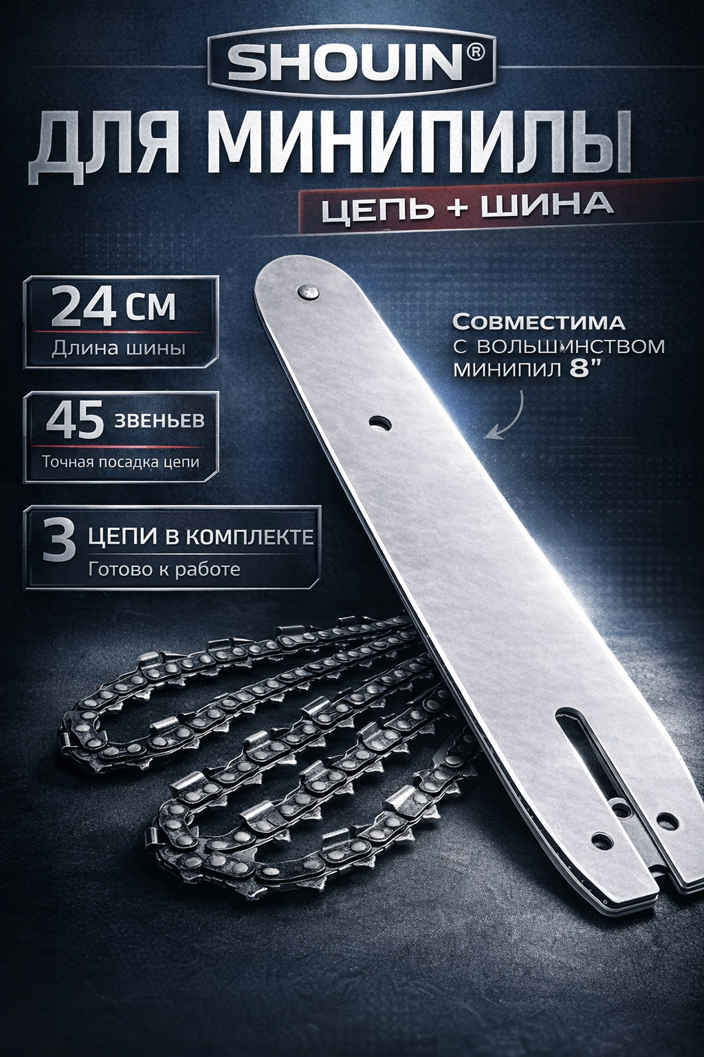 Набор шина + 3 цепи SHOUIN для аккумуляторной мини пилы 8 дюймов