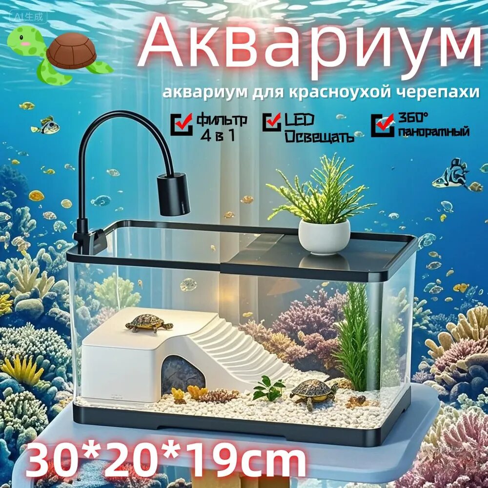 Аквариум для черепахи красноухой, 30*20*19 см, с водяным насосом, подсветкой