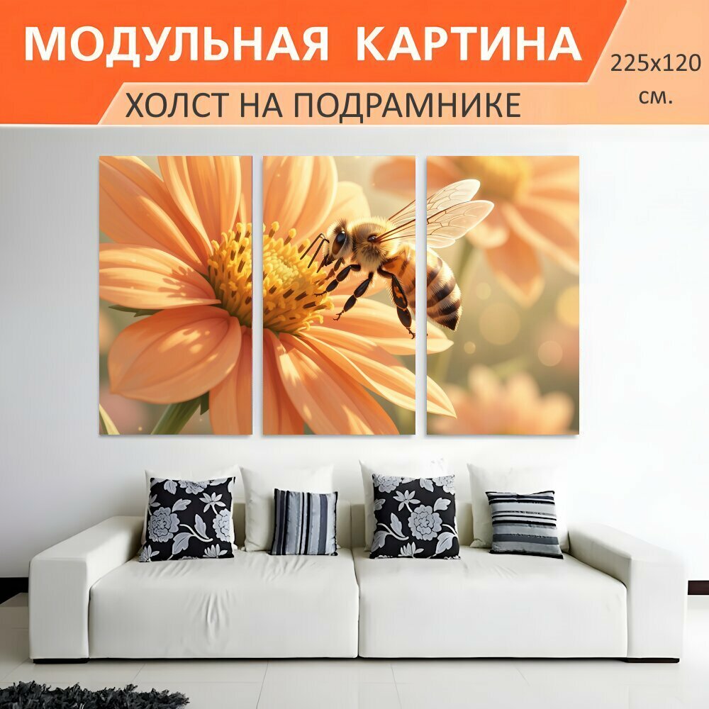 Модульная картина на холсте "Пчела на оранжевом цветке. Нежная макросцена с пчелой, собирающей нектар на крупном оранжевом цветке." триптих на подрамнике 225х120 см. для интерьера
