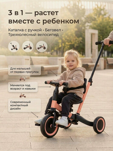 Изображение товара Детский беговел-велосипед 4в1 с родительской ручкой, розовый - TR007-PINK