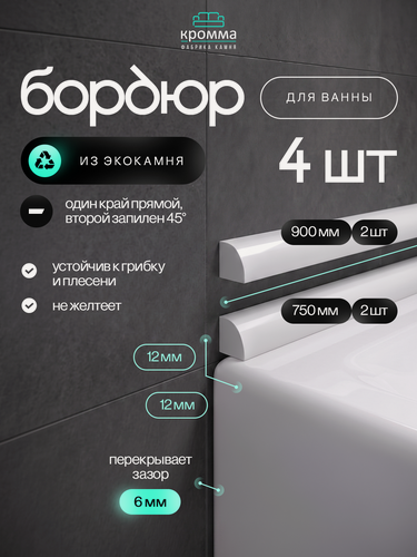 Изображение товара Акриловый бордюр плинтус для ванны 12/750 мм. белый цвет, глянцевая поверхность - 4 штуки в наборе