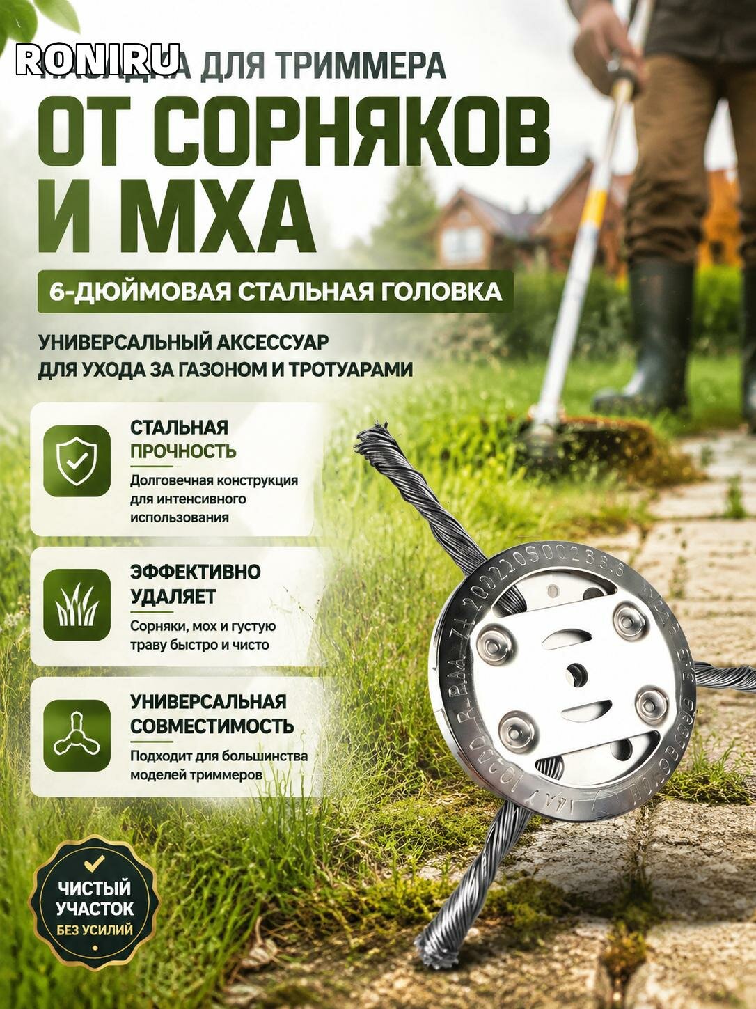 Насадка для триммера от сорняков и мха с 6-дюймовой стальной головкой — универсальный аксессуар для ухода за газоном и тротуарами